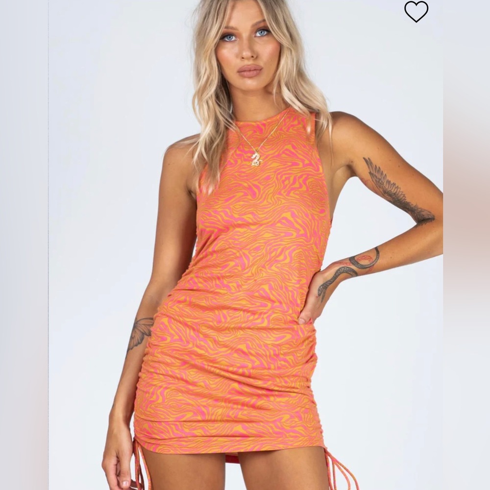 MOTEL NWT ARDILLA MINI DRESS TRIPPY WAVE TANGERINE‎ PINK ruching bodycon groovy